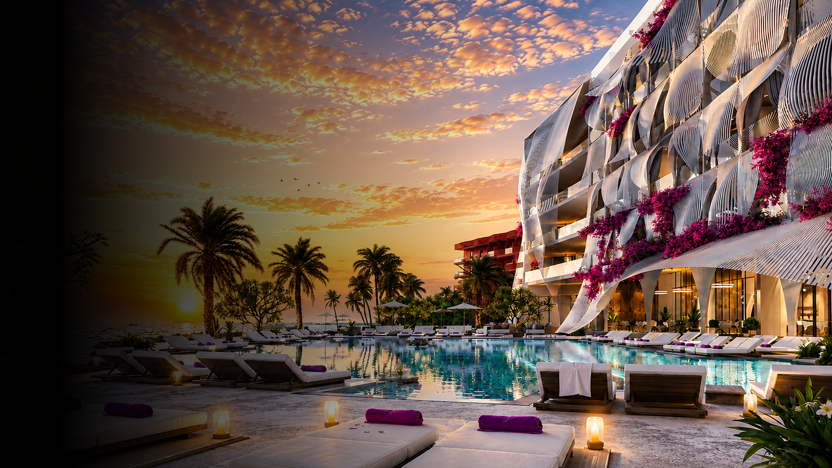 Luxury beachfront resort at sunset